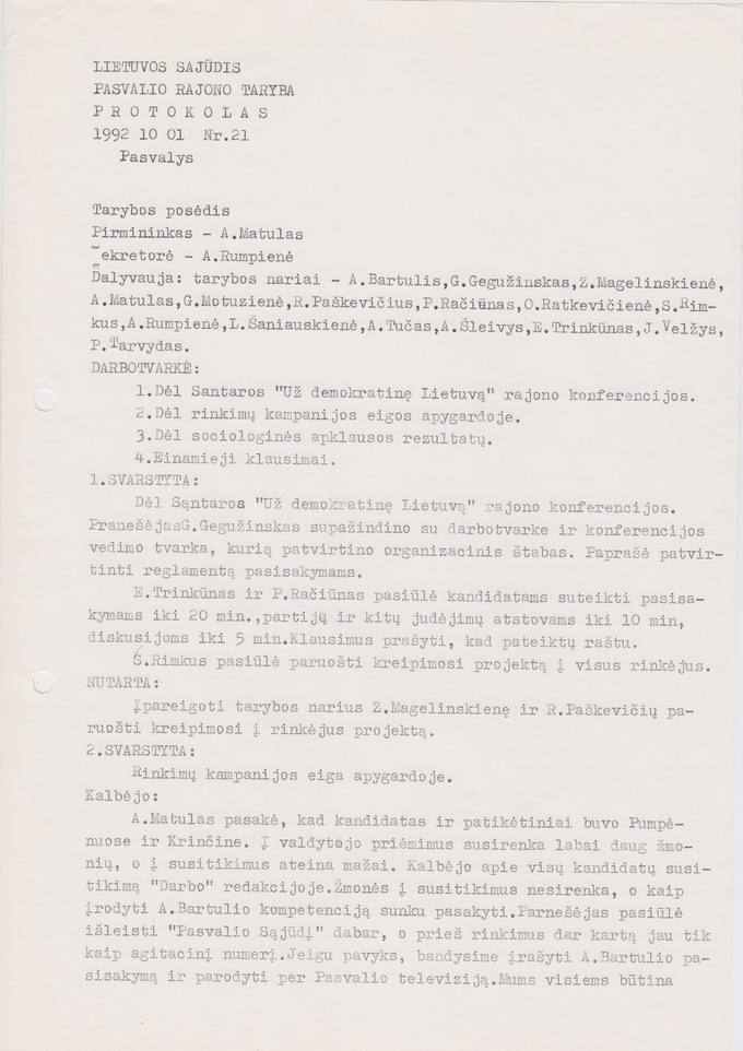 Lietuvos Sajūdžio Pasvalio rajono Tarybos 1992 m. spalio 1 d. posėdžio PROTOKOLAS Nr. 21